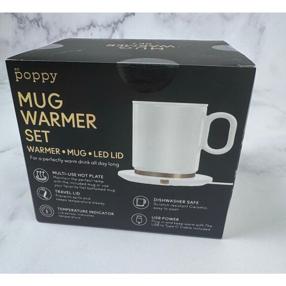 Xo Poppy Other - NIB XO Poppy Mug Warmer Set USB LED Lid Heated Coffee Mug White Desk Warmer